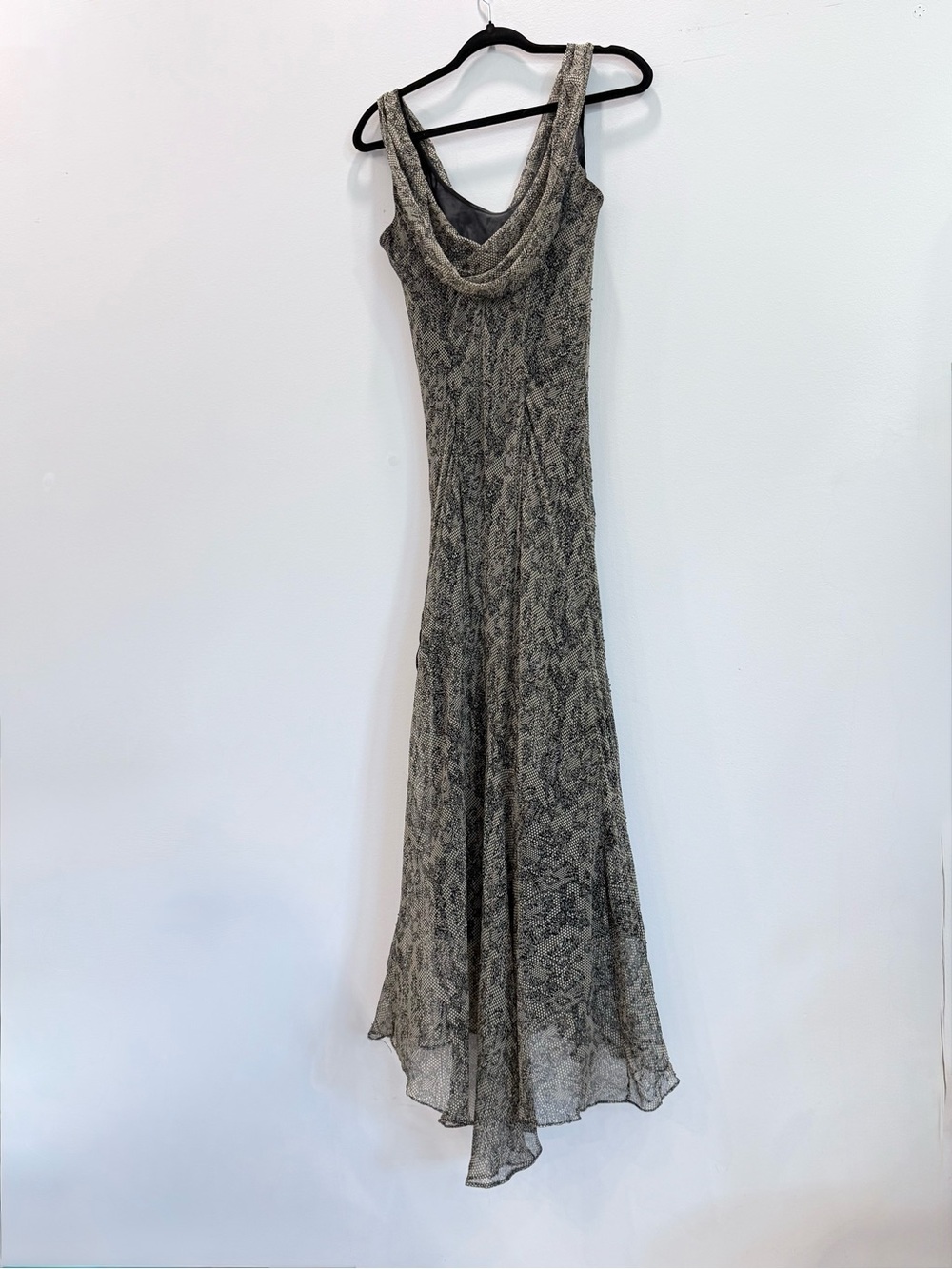 Bias cut 100% Silk Women's Gray Patterned Cowl Neck Maxi Dress 8-10 (Med-Large) - Picture 1 of 6